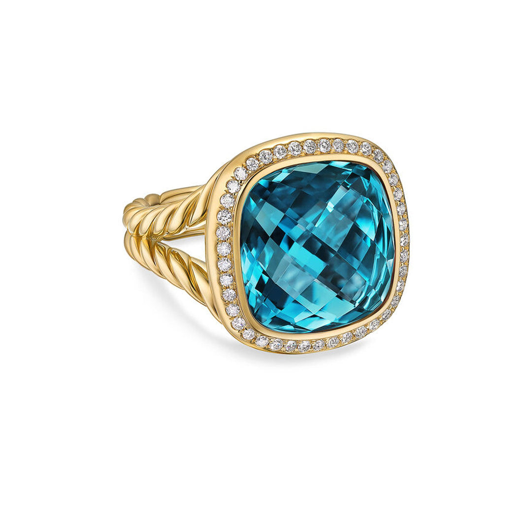 David Yurman Albion Ring in 18K Yellow Gold with Hampton Blue Topaz and Diamonds, 15mm - Size 7