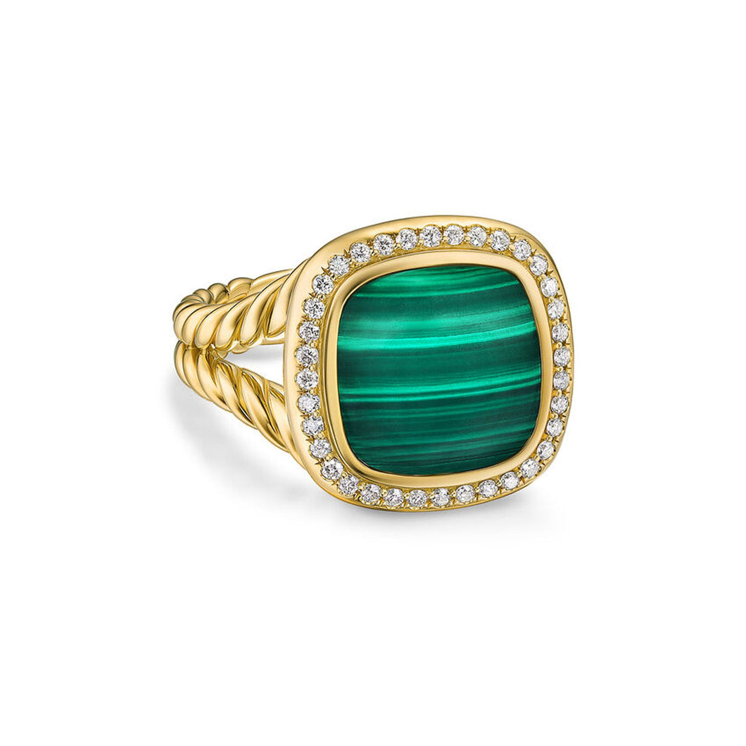 David Yurman Albion Ring in 18K Yellow Gold with Malachite and Diamonds, 11mm - Size 7