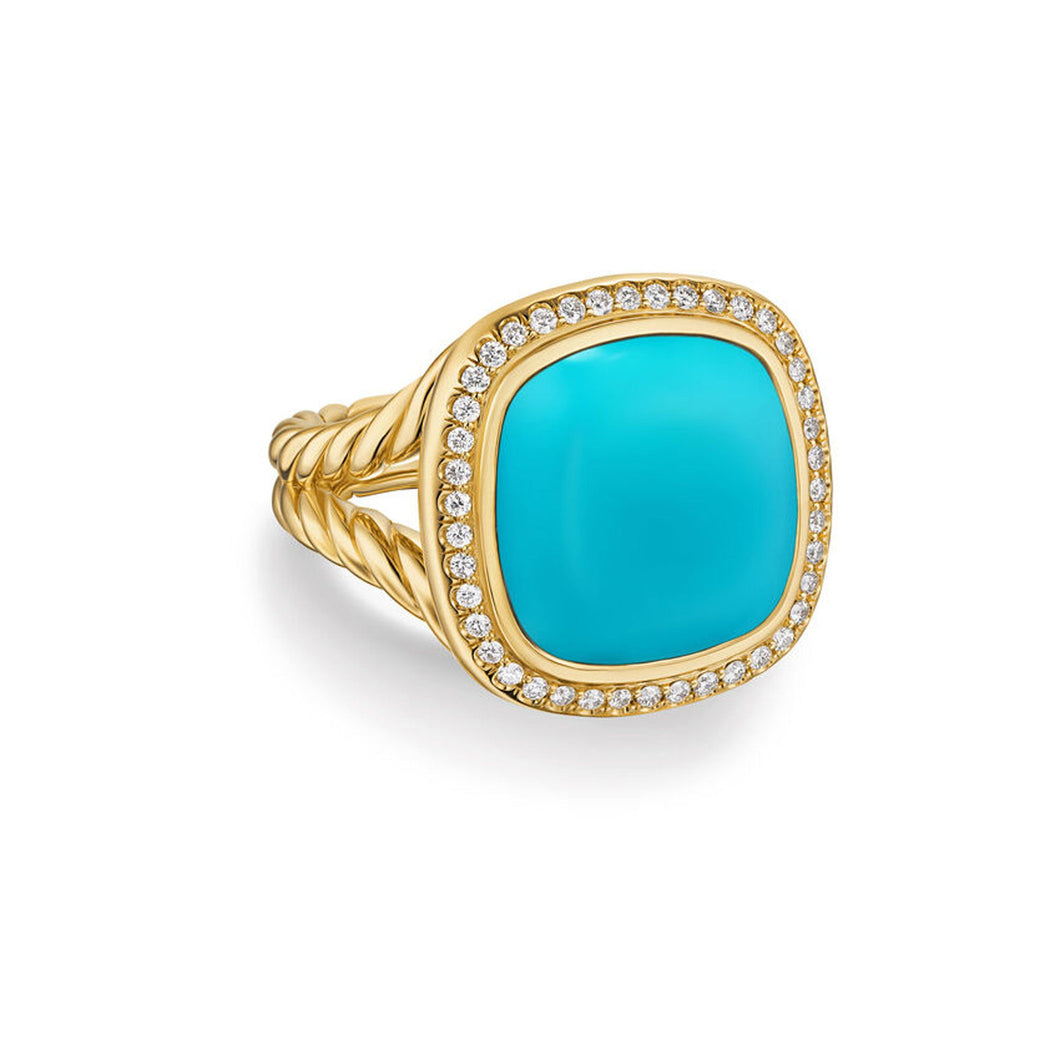 David Yurman Albion Ring in 18K Yellow Gold with Turquoise and Diamonds, 15mm - Size 7