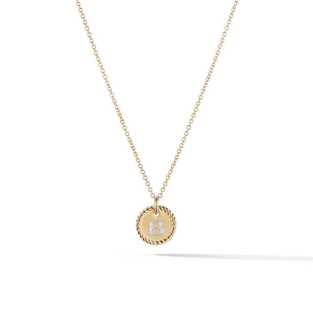 David Yurman B Initial Charm Necklace in 18K Yellow Gold with Pave Diamonds