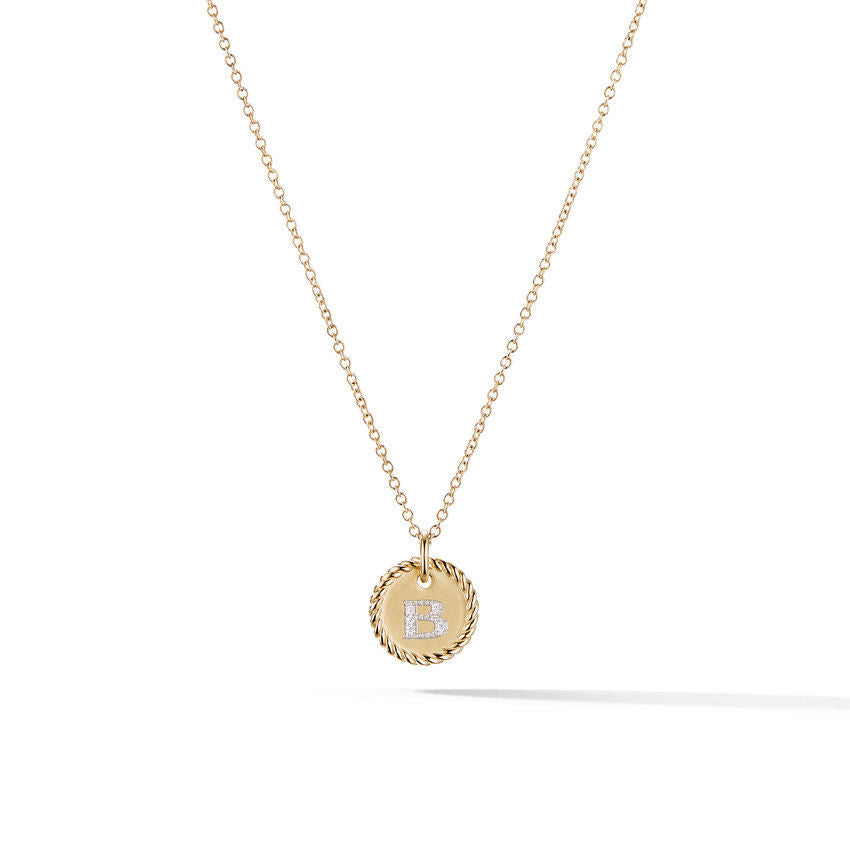 David Yurman B Initial Charm Necklace in 18K Yellow Gold with Pave Diamonds