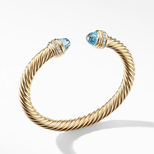 David Yurman Cable Bracelet in 18k Gold with Blue Topaz and Diamonds, 7mm