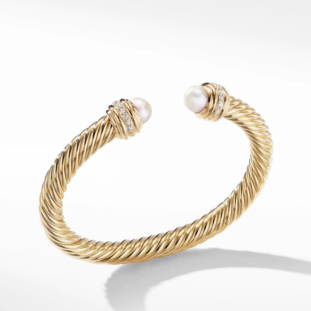 David Yurman Cable Bracelet in 18k Gold with Pearls and Diamonds, 7mm