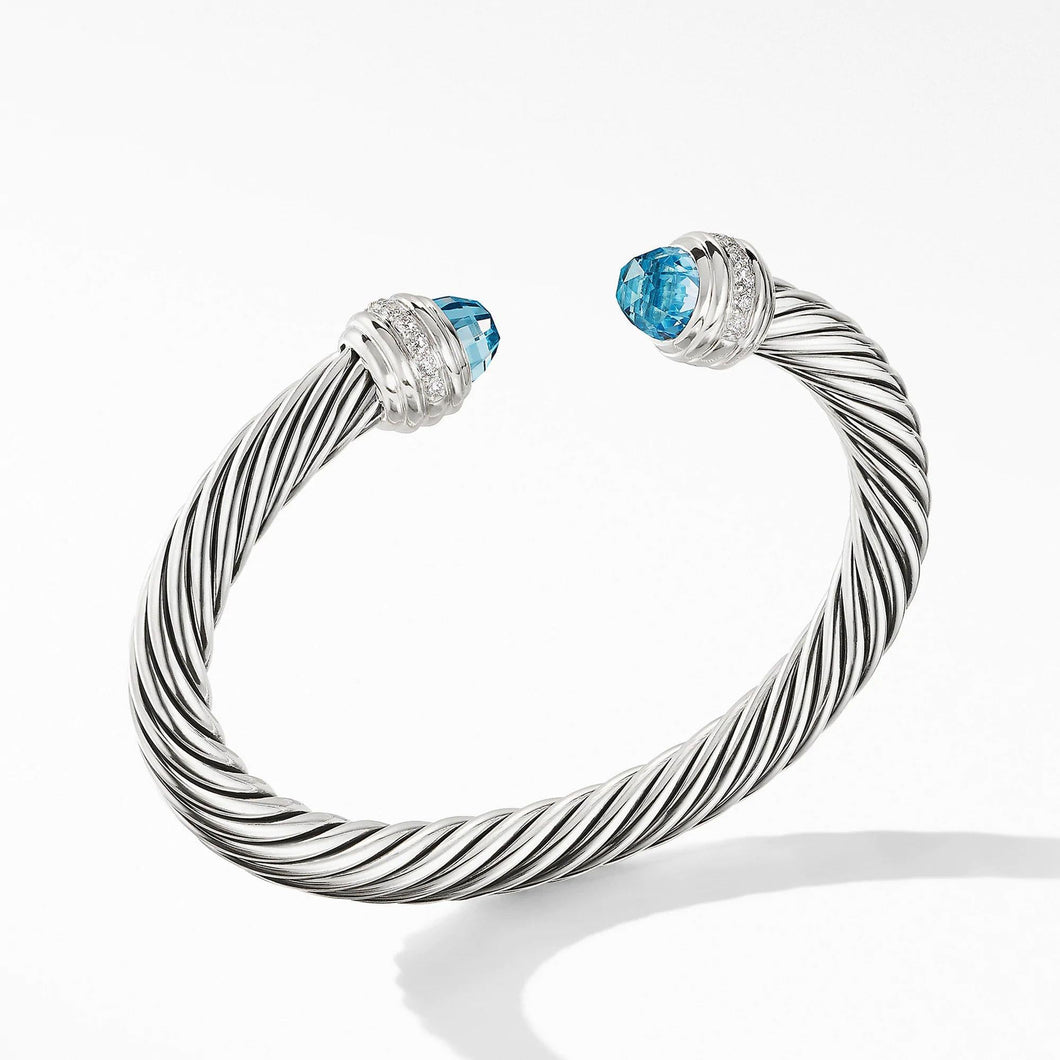 David Yurman Cable Bracelet with Blue Topaz and Diamonds, 7mm