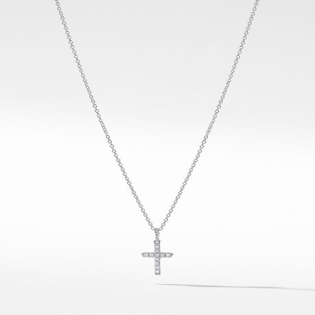 David Yurman Cable Collectibles Cross Necklace in 18K White Gold with Pave Diamonds, 17mm