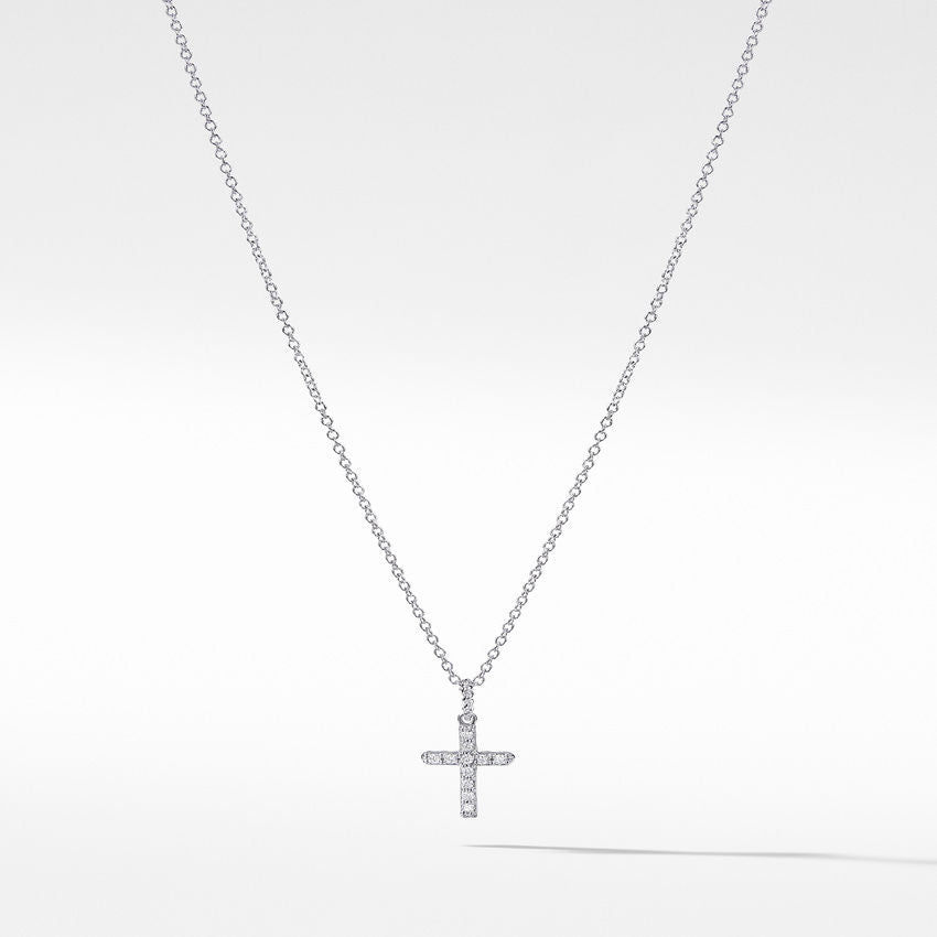 David Yurman Cable Collectibles Cross Necklace in 18K White Gold with Pave Diamonds, 17mm