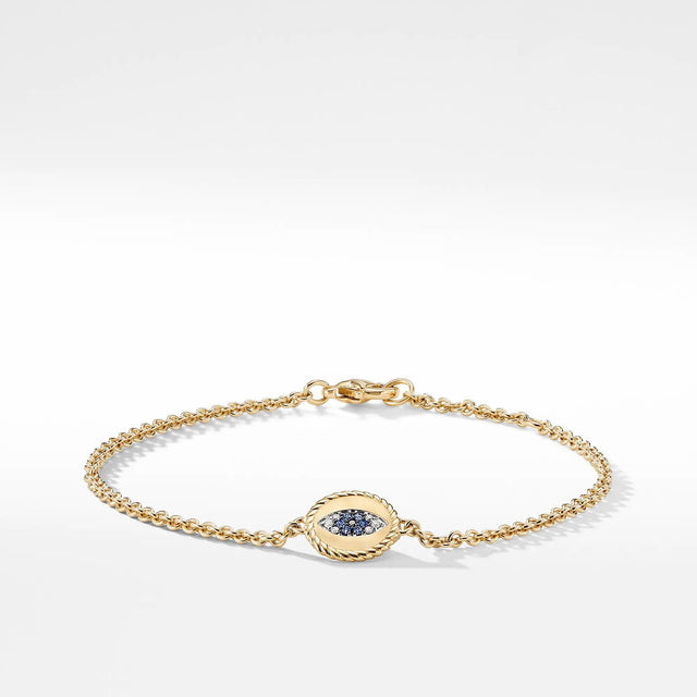 David Yurman Cable Collectibles Evil Eye Charm Bracelet with Blue Sapphire, Diamonds and Treated Black Diamonds in 18k Gold