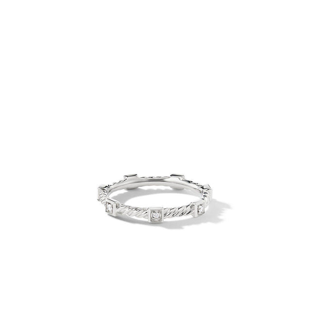 David Yurman Cable Collectibles Stack Ring in 18K White Gold with Diamonds - Size 4