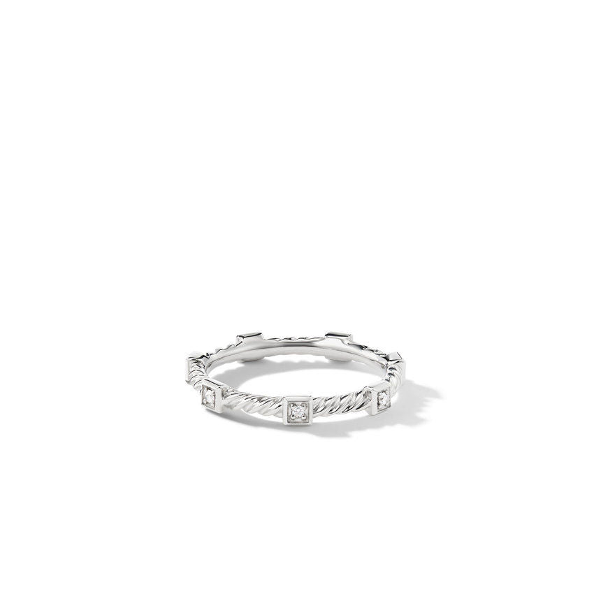David Yurman Cable Collectibles Stack Ring in 18K White Gold with Diamonds - Size 4