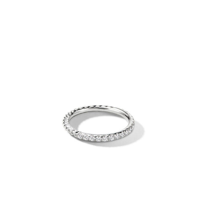 David Yurman Cable Collectibles Stack Ring in 18K White Gold with Pave Diamonds - Size 4