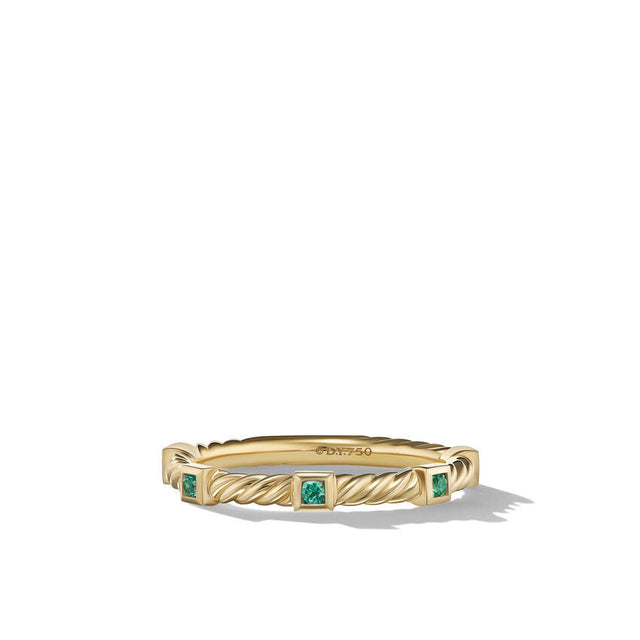 David Yurman Cable Collectibles Stack Ring in 18K Yellow Gold with Emeralds | Size 7