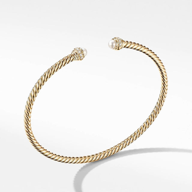 David Yurman Cable Spira Bracelet in 18K Yellow Gold with Pearls and Diamonds - Medium
