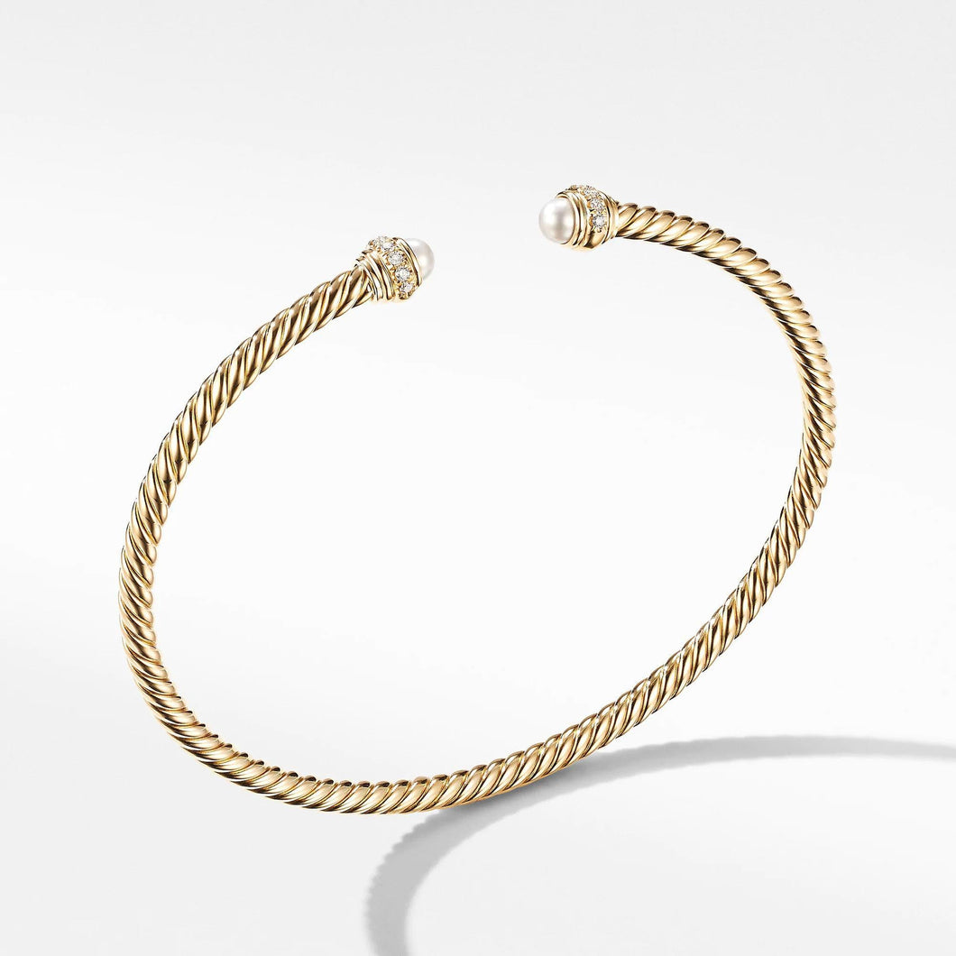 David Yurman Cable Spira Bracelet in 18K Yellow Gold with Pearls and Diamonds - Medium