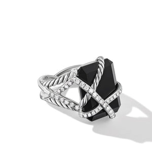 David Yurman Cable Wrap Ring in Sterling Silver with Black Onyx and Diamonds 20.4mm - Size 7