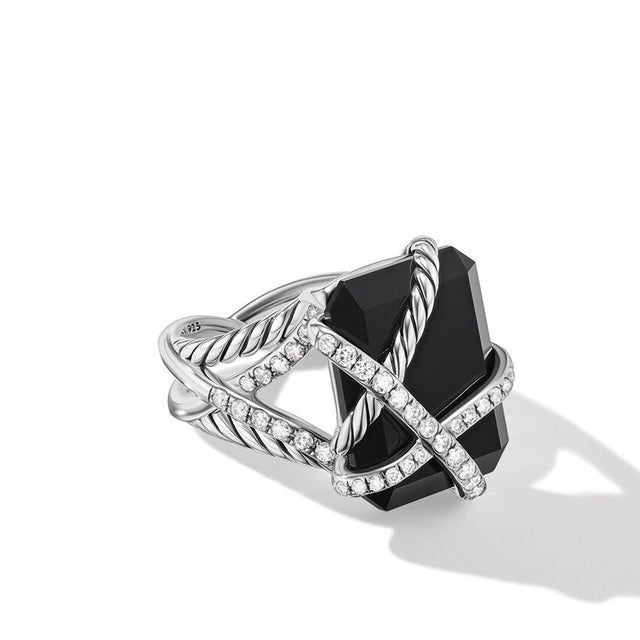 David Yurman Cable Wrap Ring in Sterling Silver with Black Onyx and Diamonds 20.4mm - Size 7