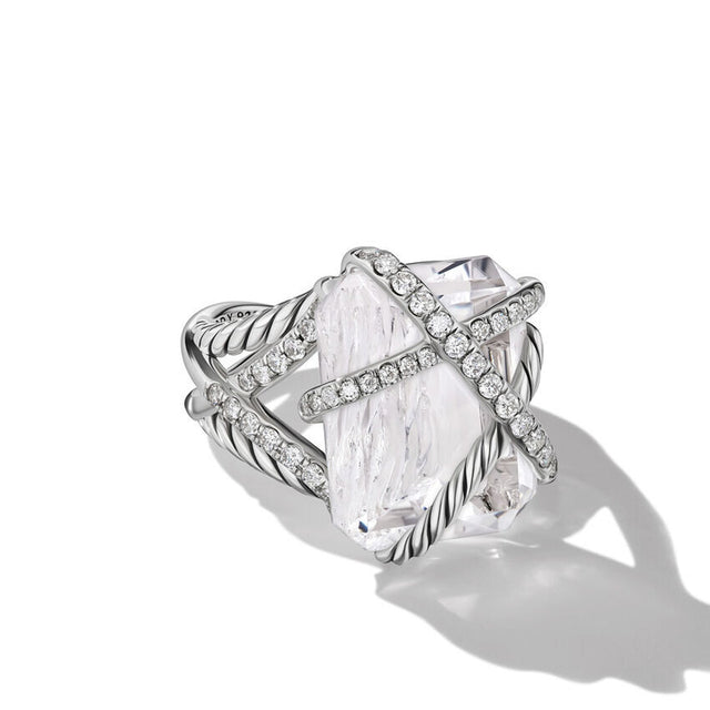 David Yurman Cable Wrap Ring in Sterling Silver with Crystal and Diamonds 20.4mm - Size 7