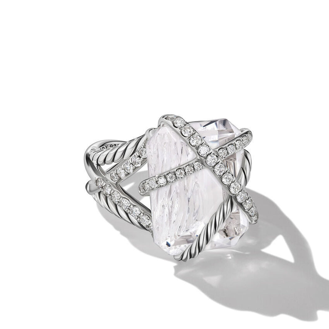 David Yurman Cable Wrap Ring in Sterling Silver with Crystal and Diamonds 20.4mm - Size 7