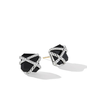 David Yurman Cable Wrap Stud Earrings in Sterling Silver with Black Onyx and Diamonds 12mm