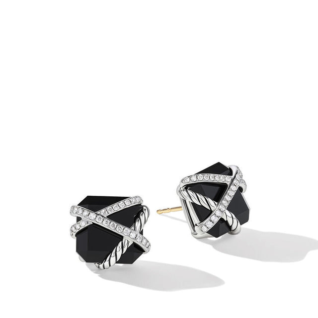 David Yurman Cable Wrap Stud Earrings in Sterling Silver with Black Onyx and Diamonds 12mm