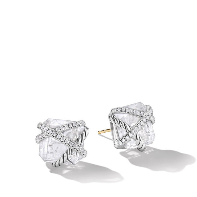 David Yurman Cable Wrap Stud Earrings in Sterling Silver with Crystals and Diamonds 12mm