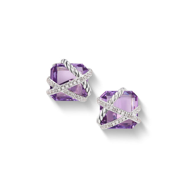 David Yurman Cable Wrap Stud Earrings in Sterling Silver with Lavender Amethyst and Diamonds 12mm