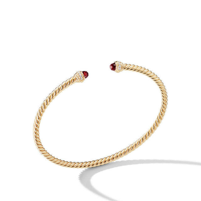 David Yurman Cablespira Color Bracelet in 18K Yellow Gold with Garnet and Pave Diamonds, 3mm - Medium
