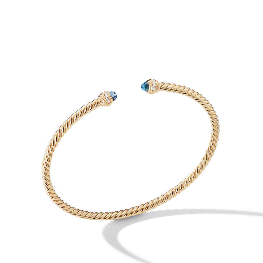David Yurman Cablespira Color Bracelet in 18K Yellow Gold with Hampton Blue Topaz and Pave Diamonds, 3mm - Medium