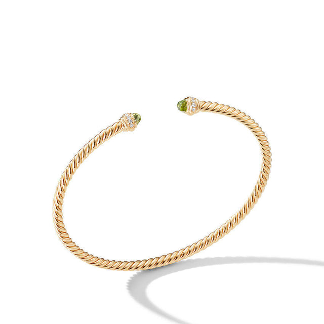 David Yurman Cablespira Color Bracelet in 18K Yellow Gold with Peridot and Pave Diamonds, 3mm - Size Large