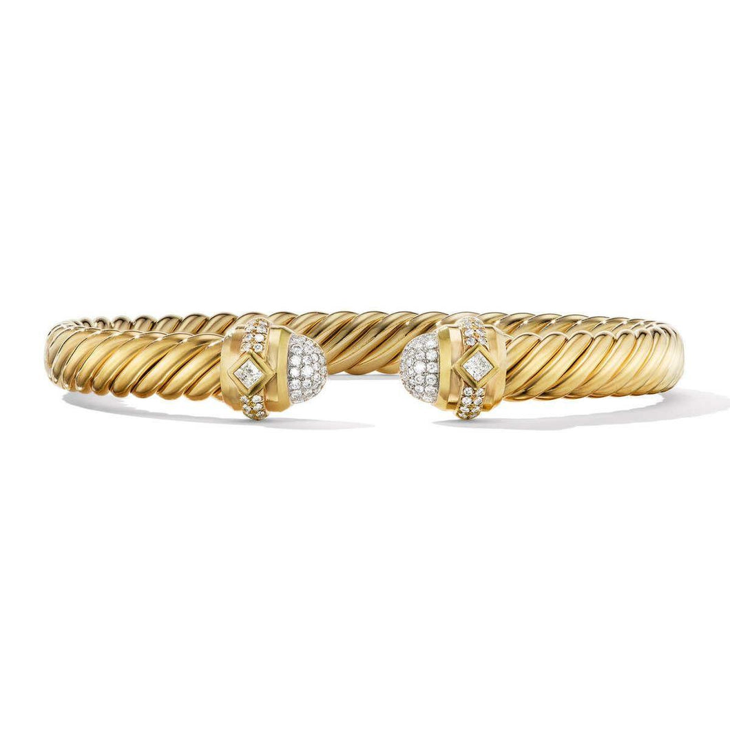 David Yurman Cablespira Oval Bracelet in 18K Yellow Gold with Pave Diamonds - Medium