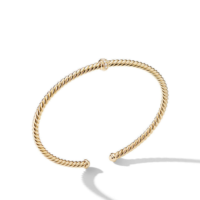 David Yurman Cablespira Station Bracelet in 18K Yellow Gold with Pave Diamonds, 3mm - Size Medium