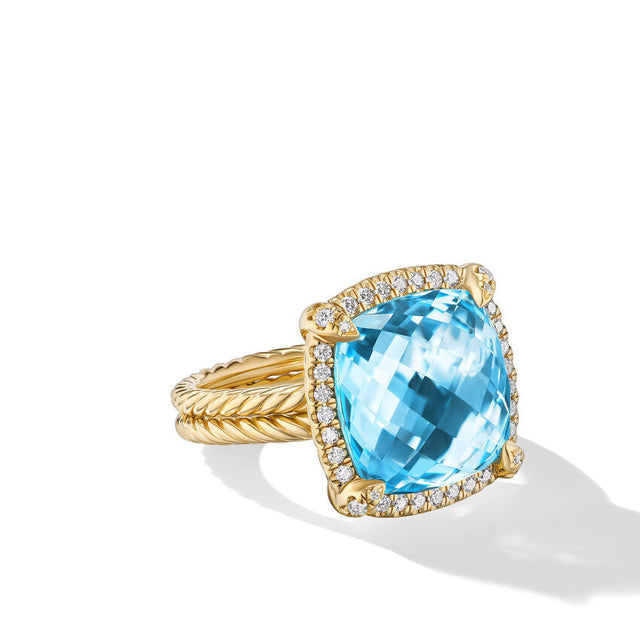 David Yurman Chatelaine 18K Yellow Gold with Blue Topaz and Diamonds Pave Bezel Ring - Size 6