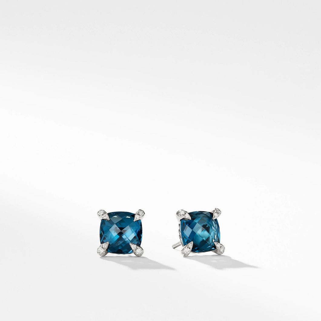David Yurman Chatelaine Earrings with Hampton Blue Topaz and Diamonds, 9mm