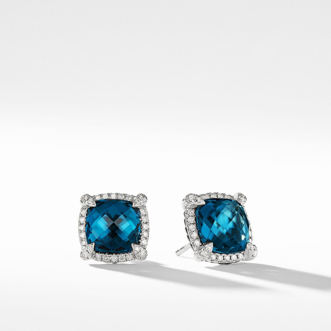 David Yurman Chatelaine Pave Bezel Earring with Hampton Blue Topaz and Diamonds, 9mm