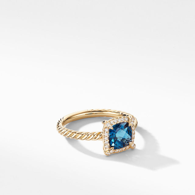 David Yurman Chatelaine Pave Bezel Ring in 18k Yellow Gold with Hampton Blue Topaz and Diamonds | Size 4