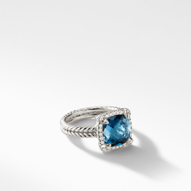 David Yurman Chatelaine Pave Bezel Ring with Hampton Blue Topaz and Diamonds, 9mm - Size 6