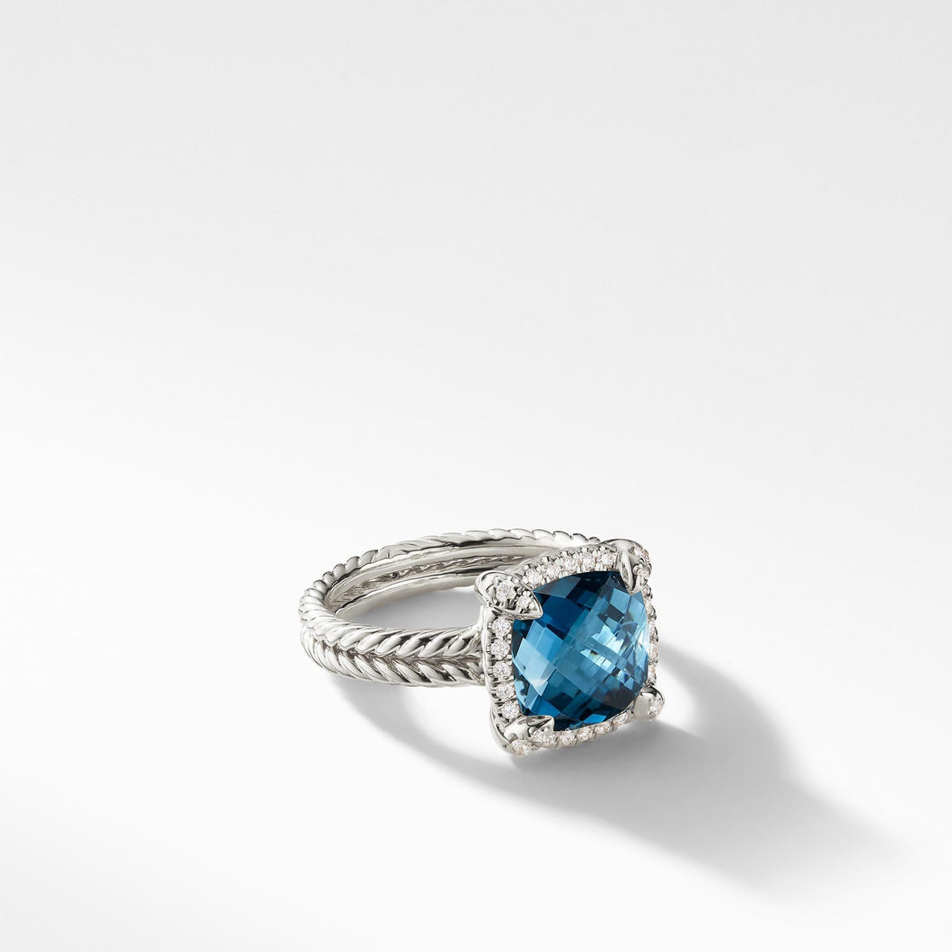 David Yurman Chatelaine Pave Bezel Ring with Hampton Blue Topaz and Diamonds, 9mm - Size 6