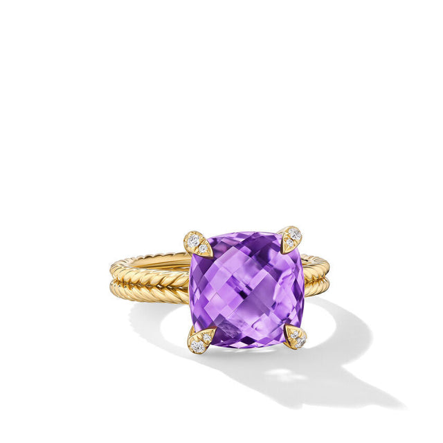 David Yurman Chatelaine Ring in 18K Yellow Gold with Amethyst and Diamonds, 11mm - Size 7