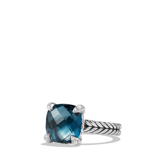 David Yurman Chatelaine Ring with Hampton Blue Topaz and Diamonds, 11mm - Size 7