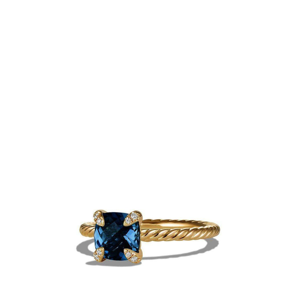 David Yurman Chatelaine Ring with Hampton Blue Topaz and Diamonds in 18K Gold - Size 6.5
