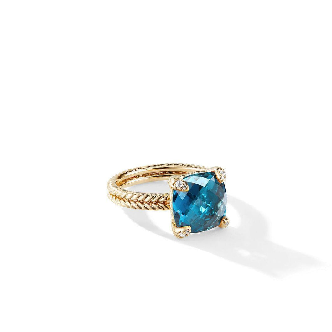 David Yurman Chatelaine Ring with Hampton Blue Topaz and Diamonds in 18K Gold - Size 7
