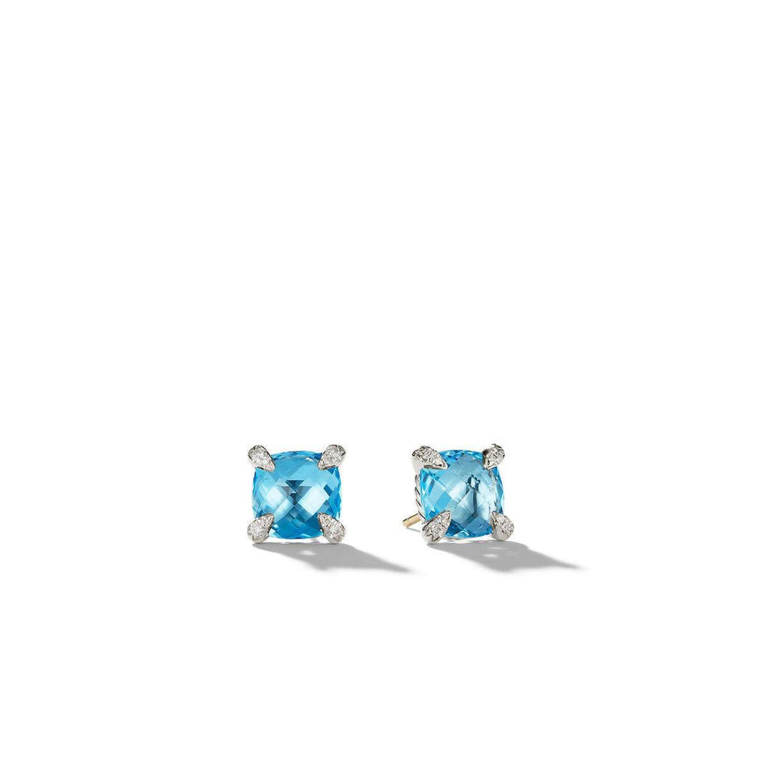 David Yurman Chatelaine Stud Earrings with Blue Topaz and Diamonds, 9mm