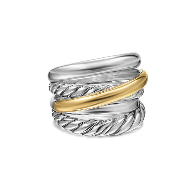 David Yurman Crossover Five Row Ring in Sterling Silver with 14K Yellow Gold, 17.5mm - Size 7