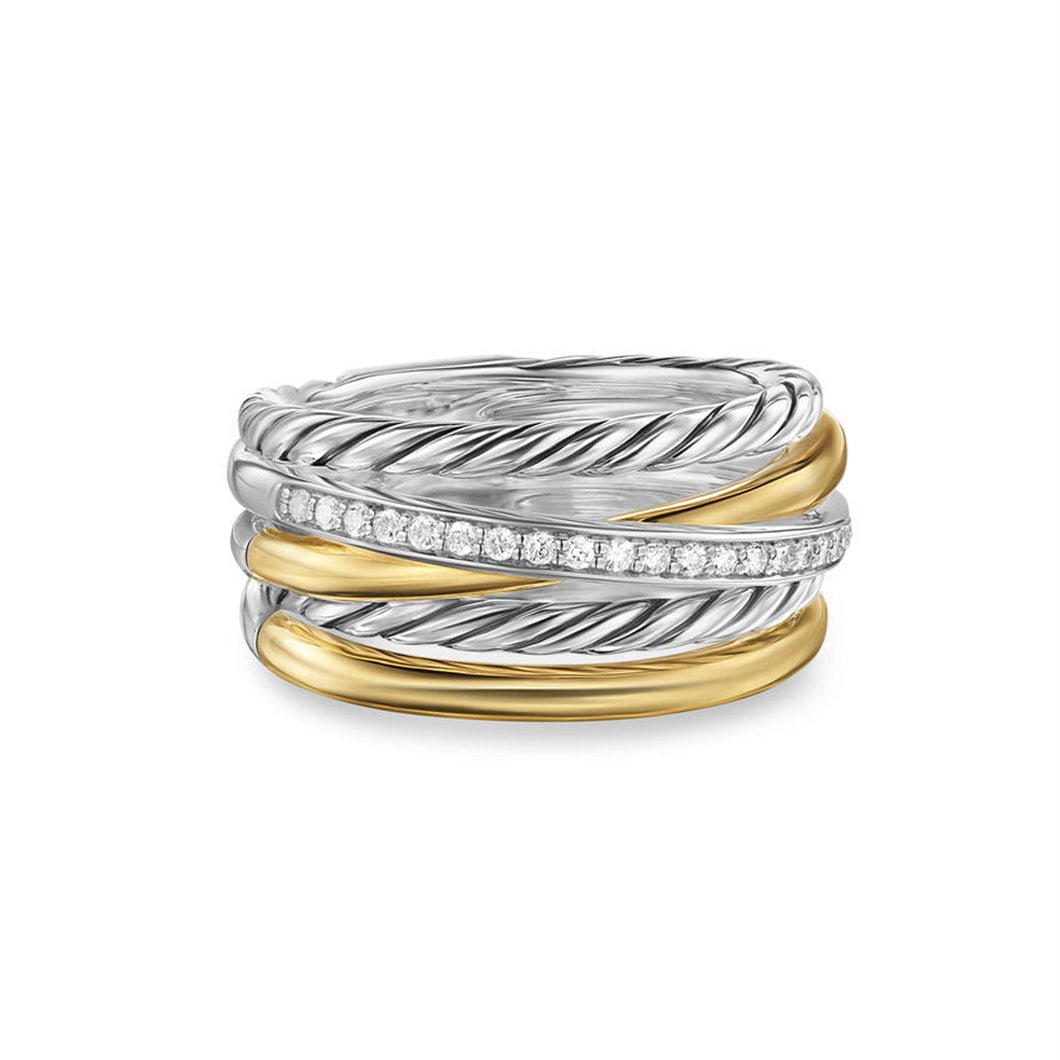 David Yurman Crossover Five Row Ring in Sterling Silver with 18K Yellow Gold and Diamonds, 11mm - Size 7