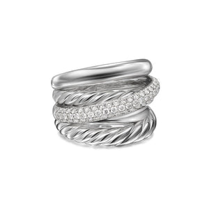 David Yurman Crossover Five Row Ring in Sterling Silver with Diamonds, 17.5mm - Size 7