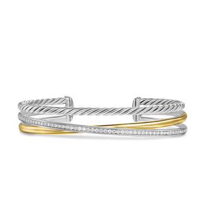 David Yurman Crossover Three Row Bracelet in Sterling Silver with 18K Yellow Gold and Diamonds, 11mm - Medium