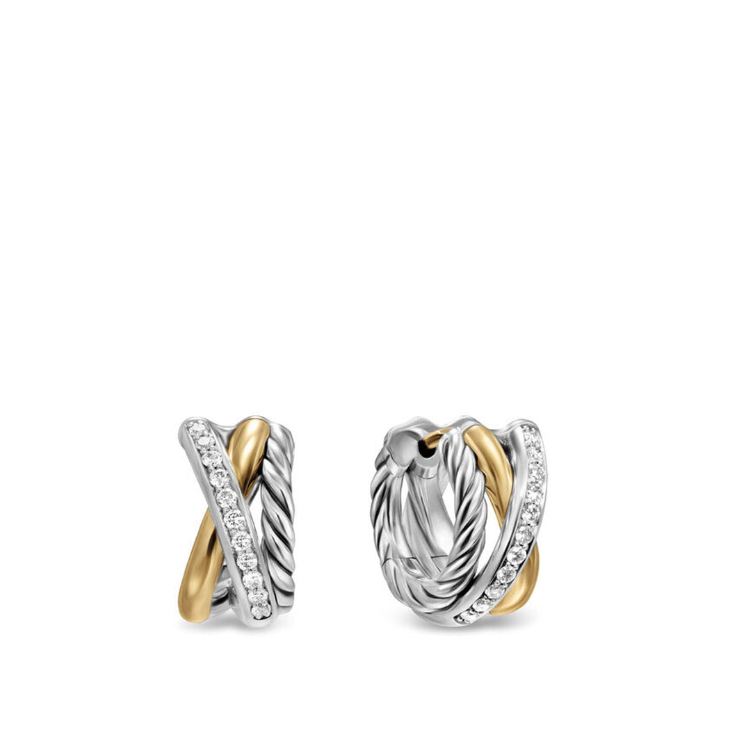 David Yurman Crossover Three Row Huggie Hoop Earrings in Sterling Silver with 18K Yellow Gold, 13mm