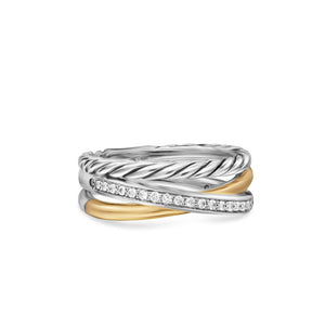 David Yurman Crossover Three Row Ring in Sterling Silver with 18K Yellow Gold and Diamonds, 7mm - Size 6