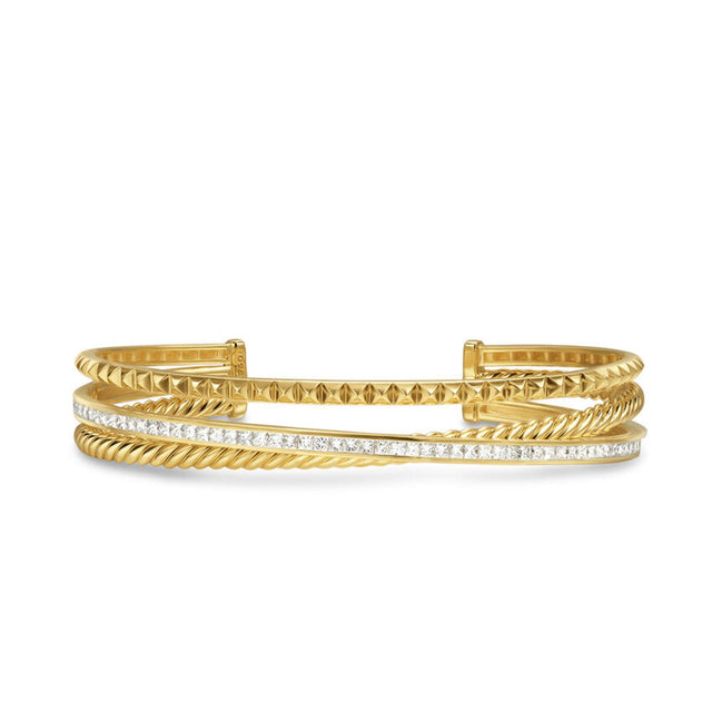 David Yurman Crossover Trio Three Row Cuff Bracelet in 18K Yellow Gold with Diamonds, 11mm - Medium