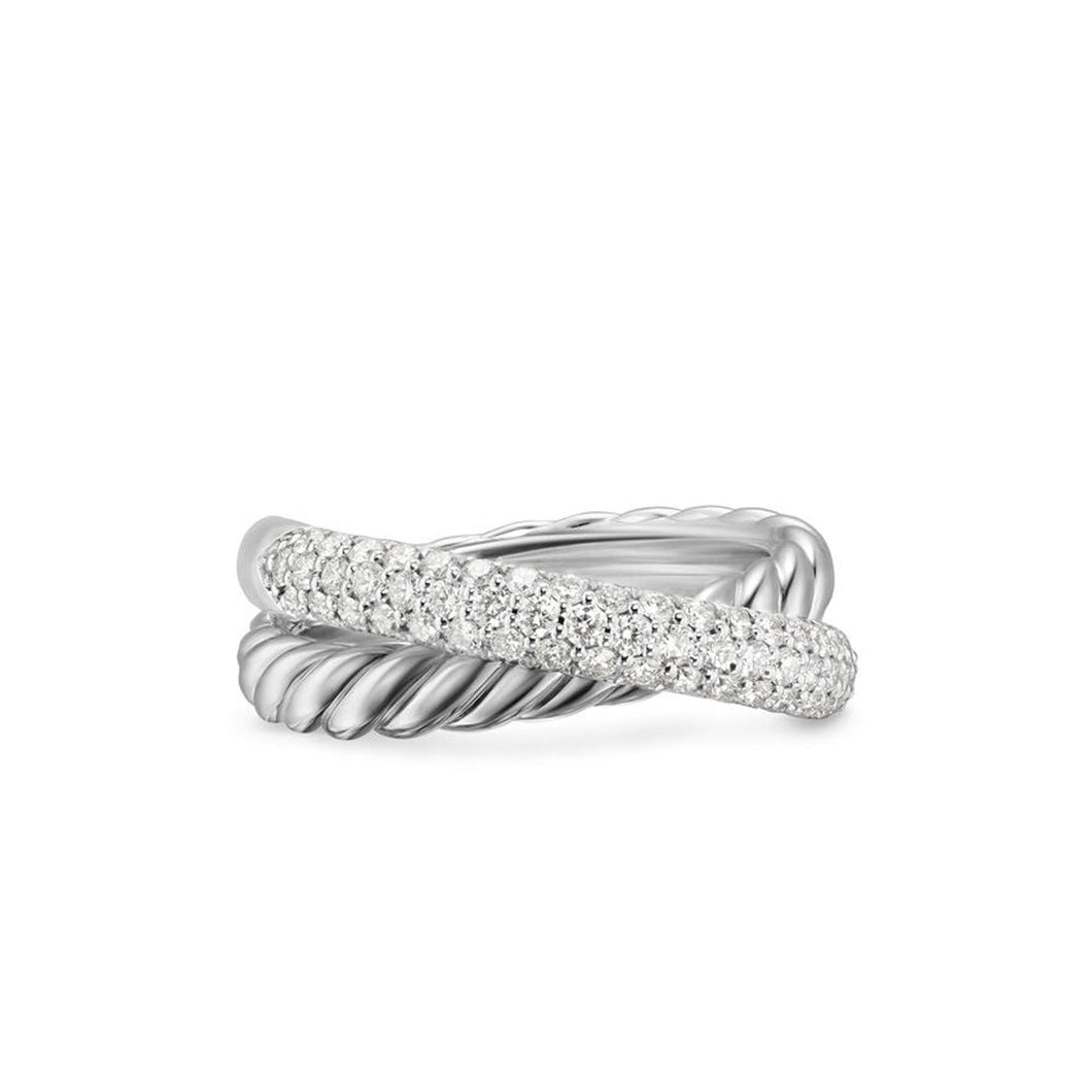 David Yurman Crossover Two Row Ring in Sterling Silver with Diamonds, 7.5mm - Size 7