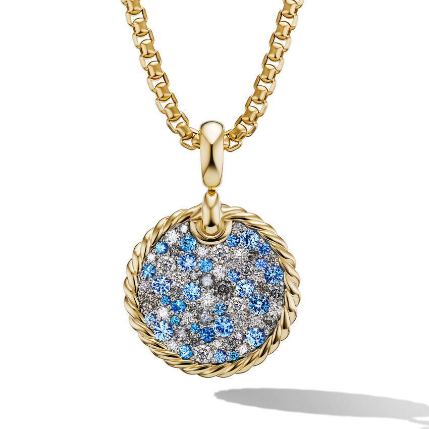 David Yurman DY Elements Air Pendant in 18K Yellow Gold with Pave Diamonds and Blue Sapphires